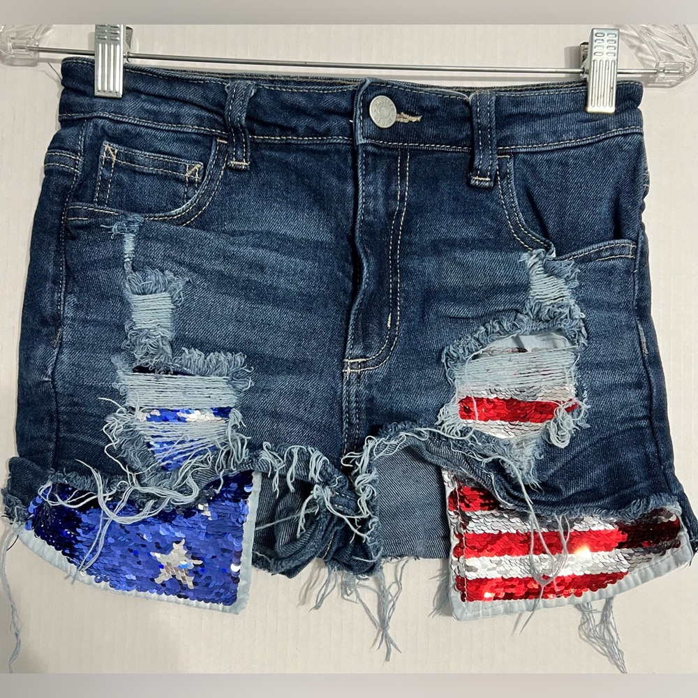 Justice Girls Sequined Flag Distressed Jean Shorts